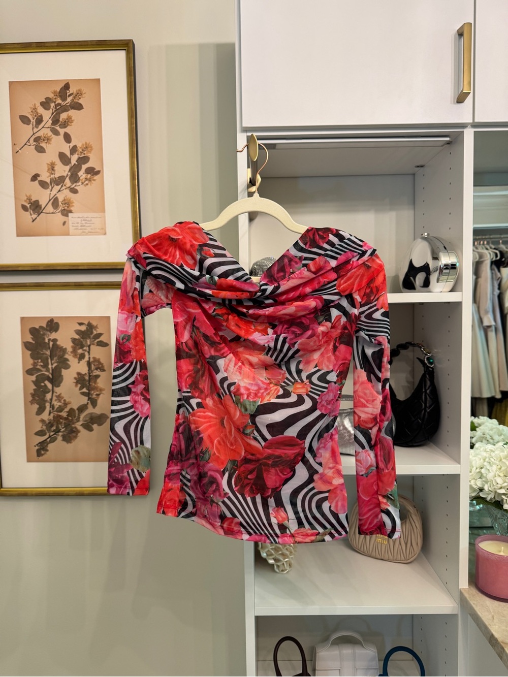 Floral Zebra Print Off-Shoulder Long Sleeve Top with matching skirt - Pink/Red